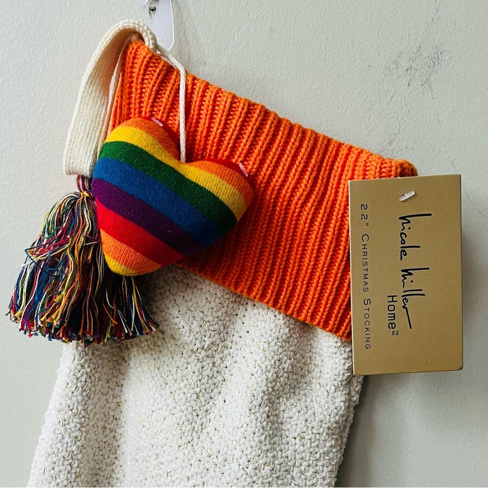 Nicole Miller Holiday Christmas Stocking With Rainbow Heart Orange Off White NWT